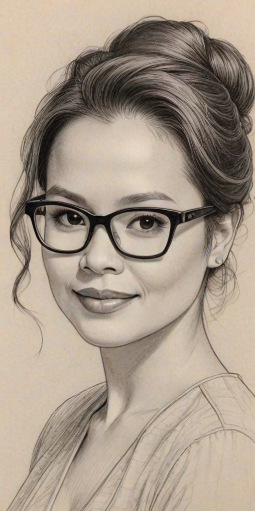 Delightful Lea Salonga, pencil sketch, portrait of Enticing woman 1925s in glasses, hair style beatnik, outline, clear lines, fine lines, 8k