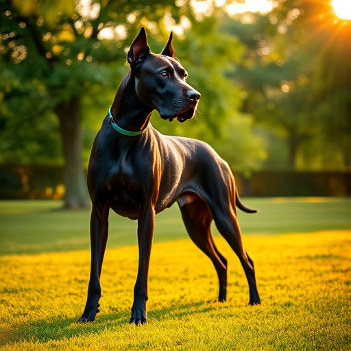 Generate a high-resolution image of a great dane standing elegantly in a lush green park during golden hour, captured with a Canon EOS R5, ISO 100, f/2.8 aperture, 50mm lens, shallow depth of field, and a slight angle view to showcase its profile.