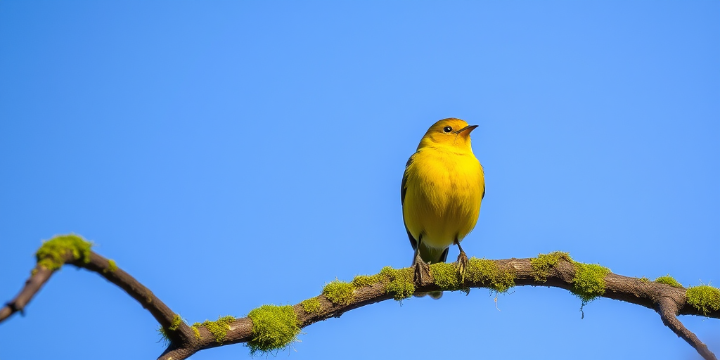 A vibrant yellow bird perched on a moss-covered branch against a clear blue sky, captured with a DSLR camera, 200mm lens, f/5.6 aperture, ISO 100, natural daylight, shallow depth of field.