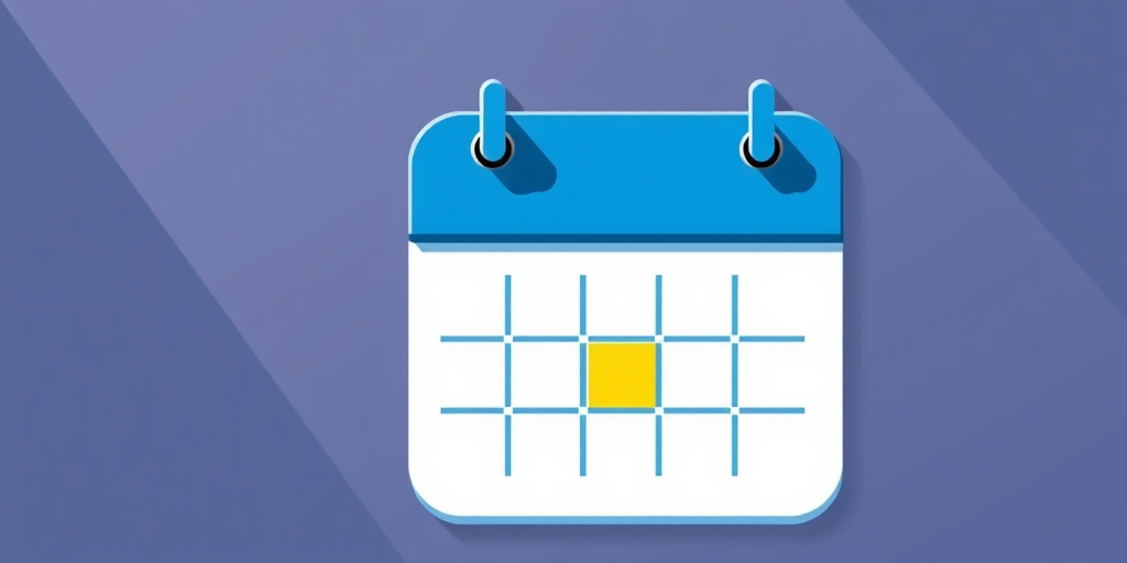 Create a colorful and modern calendar icon with a grid layout, featuring a prominent yellow highlight on one date, shot in high resolution with a Canon EOS R5, 50mm lens, f/1.8 aperture, ISO 200, natural lighting from the top, and use a clean, minimalist style.