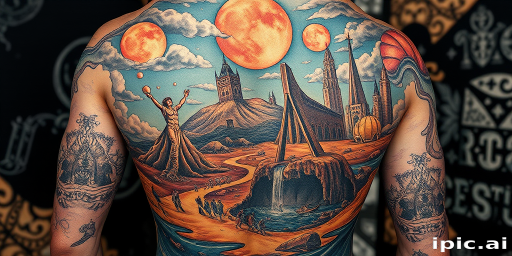 Surrealist tattoo known as "Dreamscape Fusion" blending impossible scenes and distorted imagery to create a mind-bending visual narrative across the body