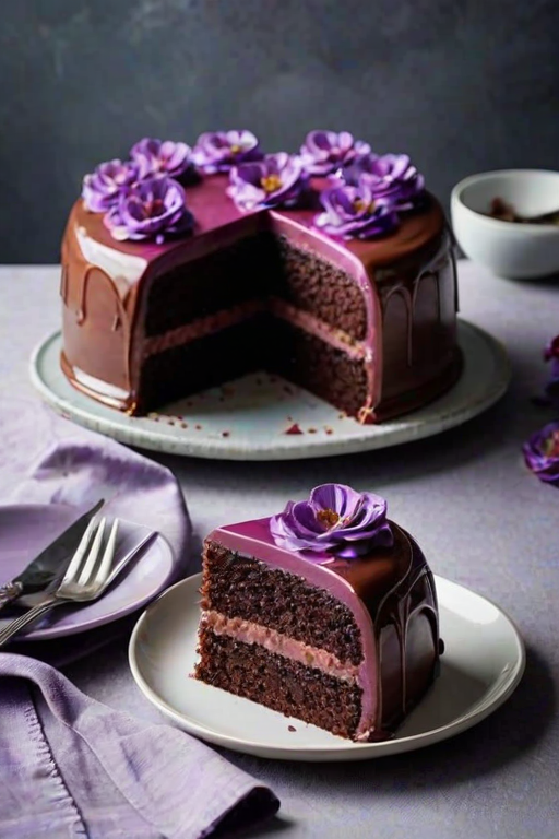 Generate an image of a round chocolate cake with a glossy chocolate ganache coating. The cake is decorated with purple flower-shaped frosting on top and has a slice cut out, revealing a rich filling inside. Next to the cake, there is a small bowl of vibrant purple sauce and a plate with the slice of cake, showcasing its layers. The setting is simple and elegant.