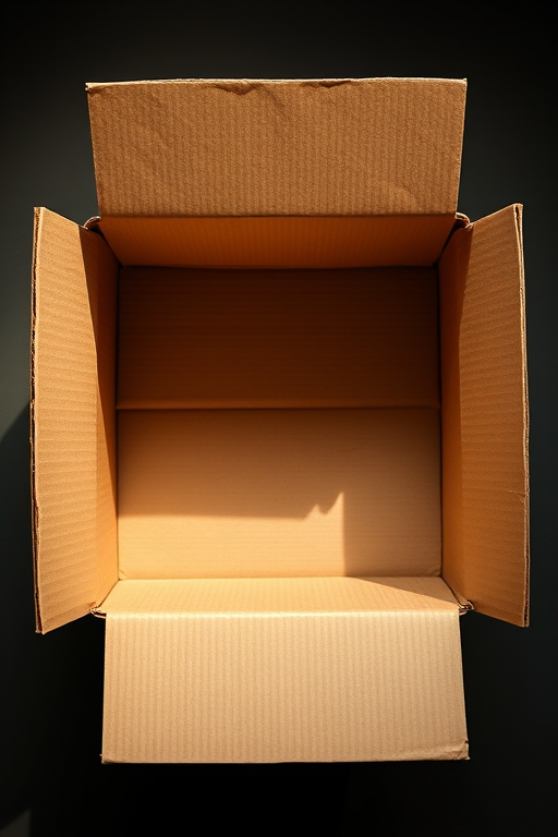 Create a high-resolution image of an open cardboard box with sharp edges, taken from a top-down perspective at a 45-degree angle, using a DSLR camera with an aperture of f/5.6, ISO 100, and a shutter speed of 1/60s to enhance details and shadows.