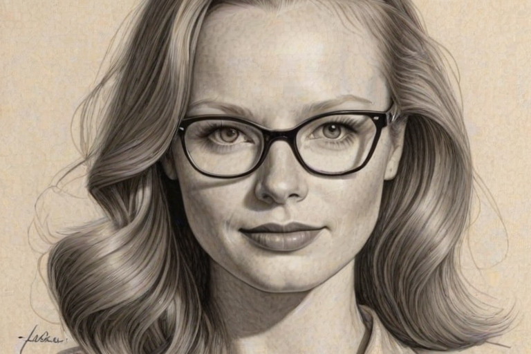 Dazzling Lauren Ambrose, pencil sketch, portrait of Pleasing woman 1947s in glasses, hair style beatnik, outline, clear lines, fine lines, 8k