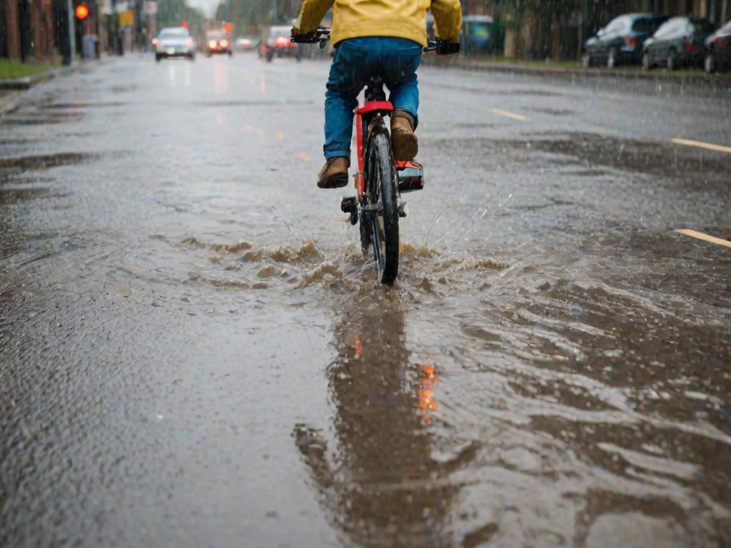 Blurry action shot of a child riding a bike through a puddle on a rainy day, water splashing up in all directions, with soft light from nearby street lamps reflecting off the wet pavement.