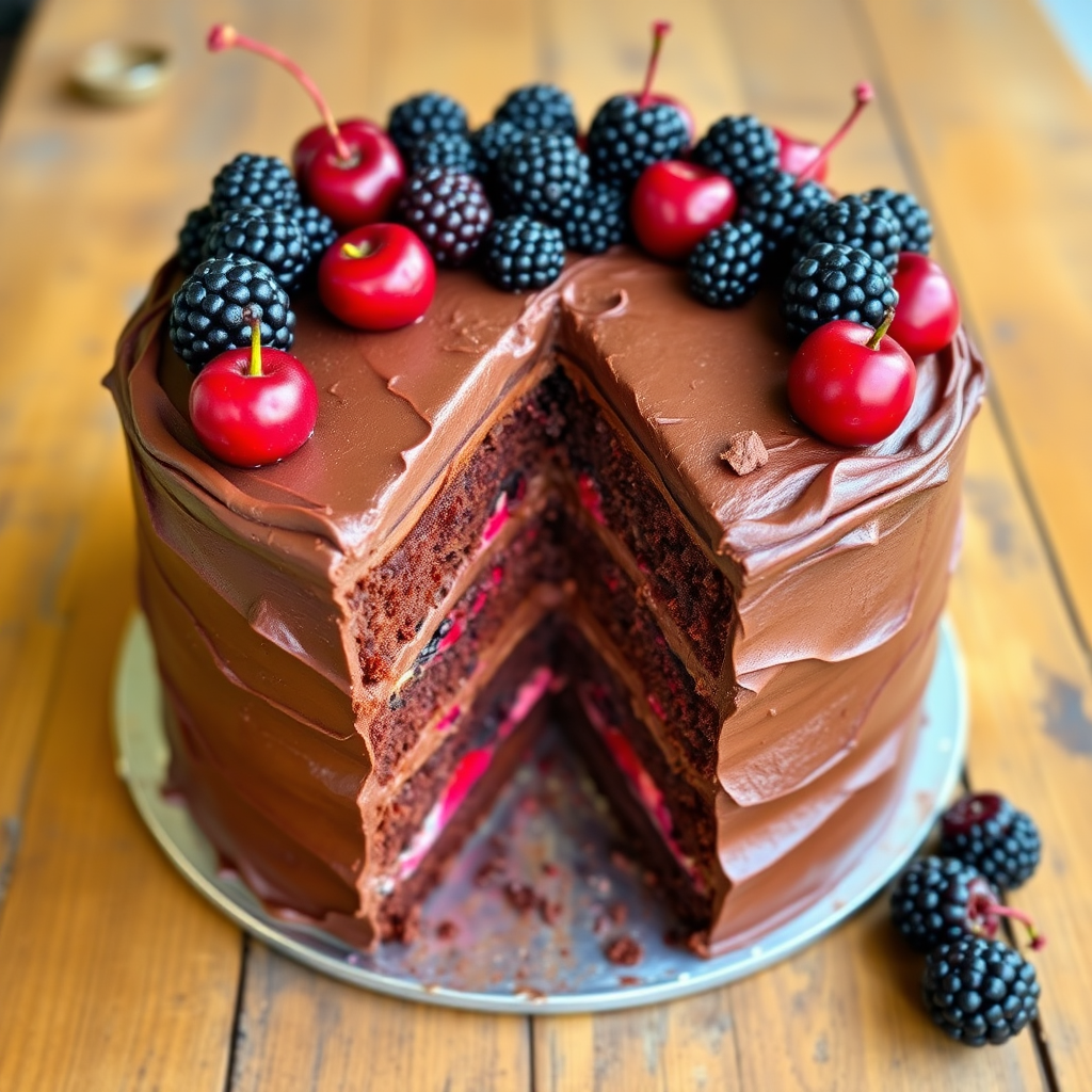 A rich chocolate cake layered with chocolate frosting and filled with red fruit, topped with fresh blackberries and cherries, placed on a rustic wooden table with a slice removed to reveal the layers inside.