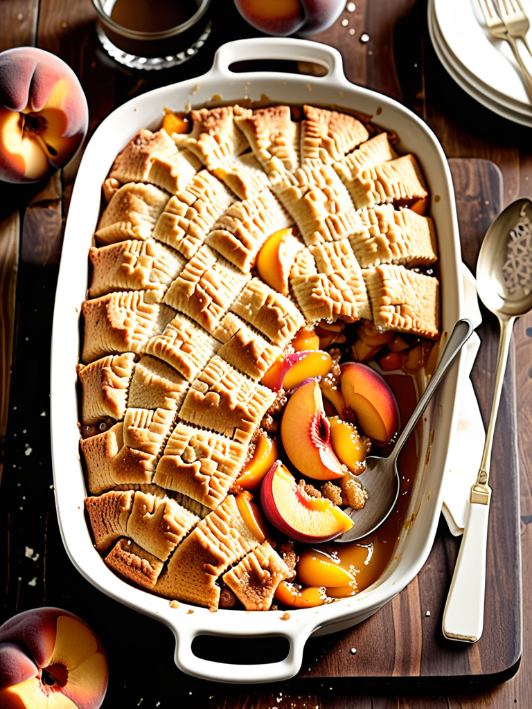 Delicious Homemade Peach Cobbler with Flaky Crust and Fresh Peaches.