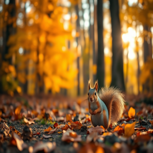 squirrel in autumn forest with vibrant orange and yellow leaves, soft sunlight filtering through trees, 50mm lens, f/1.8 aperture, ISO 200, shot at sunrise for warm lighting, DSLR camera with a shallow depth of field, ground level perspective for a close-up view