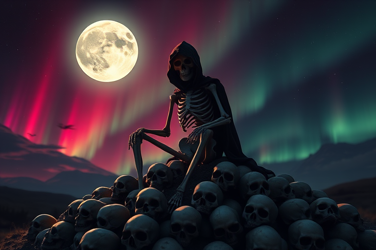 Create a digital artwork of a skeletal figure dressed in a dark hooded robe, sitting atop a mound of skulls under a moonlit sky illuminated by vibrant auroras, using a DSLR camera with a 50mm lens at f/1.8, ISO 100, shooting in low light with a dramatic angle and soft focus to enhance details.