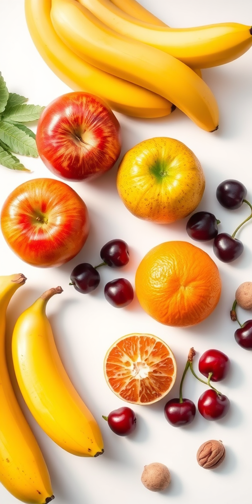 Create a vibrant still life illustration of assorted fruits including bananas, an apple, a pear, an orange, cherries, and a nut, using a high-resolution camera with a 50mm lens, aperture f/2.8, and soft natural lighting to enhance colors and details, shot from a top-down perspective with a clean, white background for contrast.