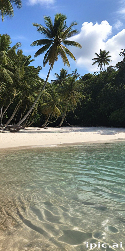A Serene Tropical Beach with Palm Trees and Crystal Clear Waters.