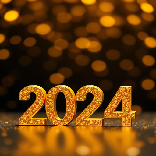 Create an image of the number 2024 in a shiny gold color with a background of golden spirals and sparkling light bokeh, shot with a DSLR camera at f/2.8, ISO 100, 50mm lens, and a shallow depth of field to enhance focus on the number and blur the background.