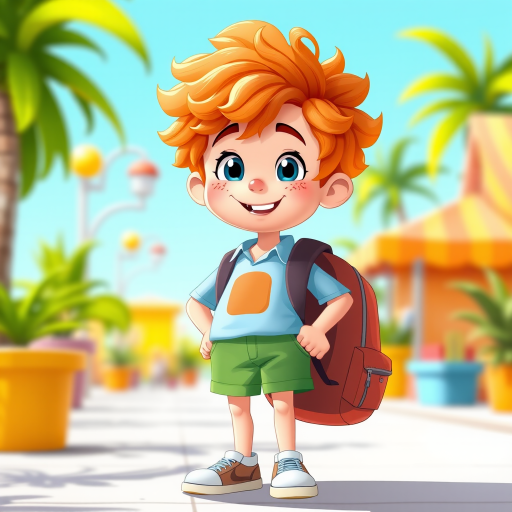 Create a vibrant illustration of a cheerful cartoon boy with curly orange hair, freckles, wearing a light blue shirt and green shorts, standing confidently with a backpack, in a bright and playful setting, using a digital art style, with a wide-angle lens at f/4 for depth of field and vivid colors.