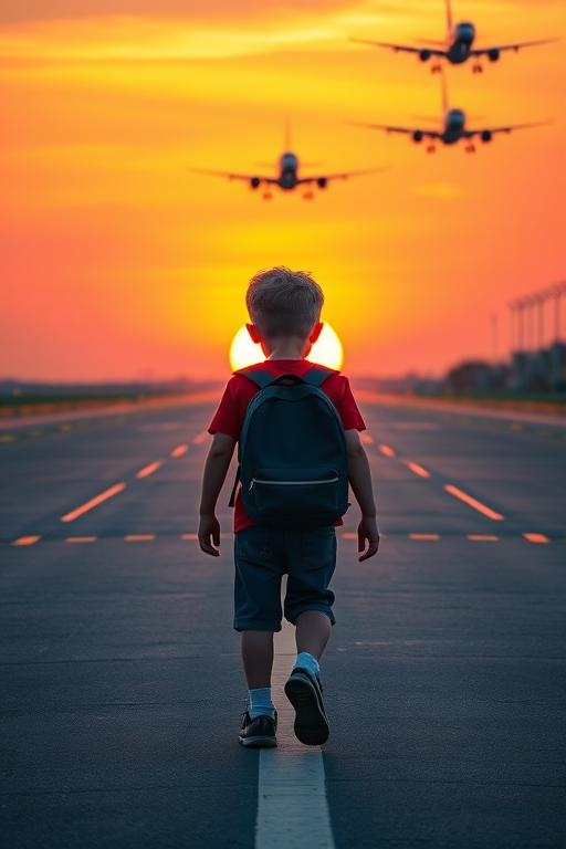 a young boy with a backpack walking away from the camera on an airport runway at sunset with planes flying overhead, vibrant colors, high saturation, shot with a Canon EOS R5, 35mm lens, f/2.8, ISO 200, sunset lighting, wide-angle view, digital art style