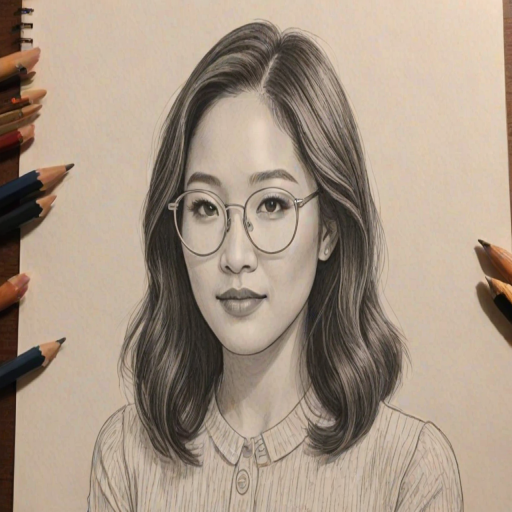 Splendid Constance Wu, pencil sketch, portrait of Splendid woman 1952s in glasses, hair style beatnik, outline, clear lines, fine lines, 8k