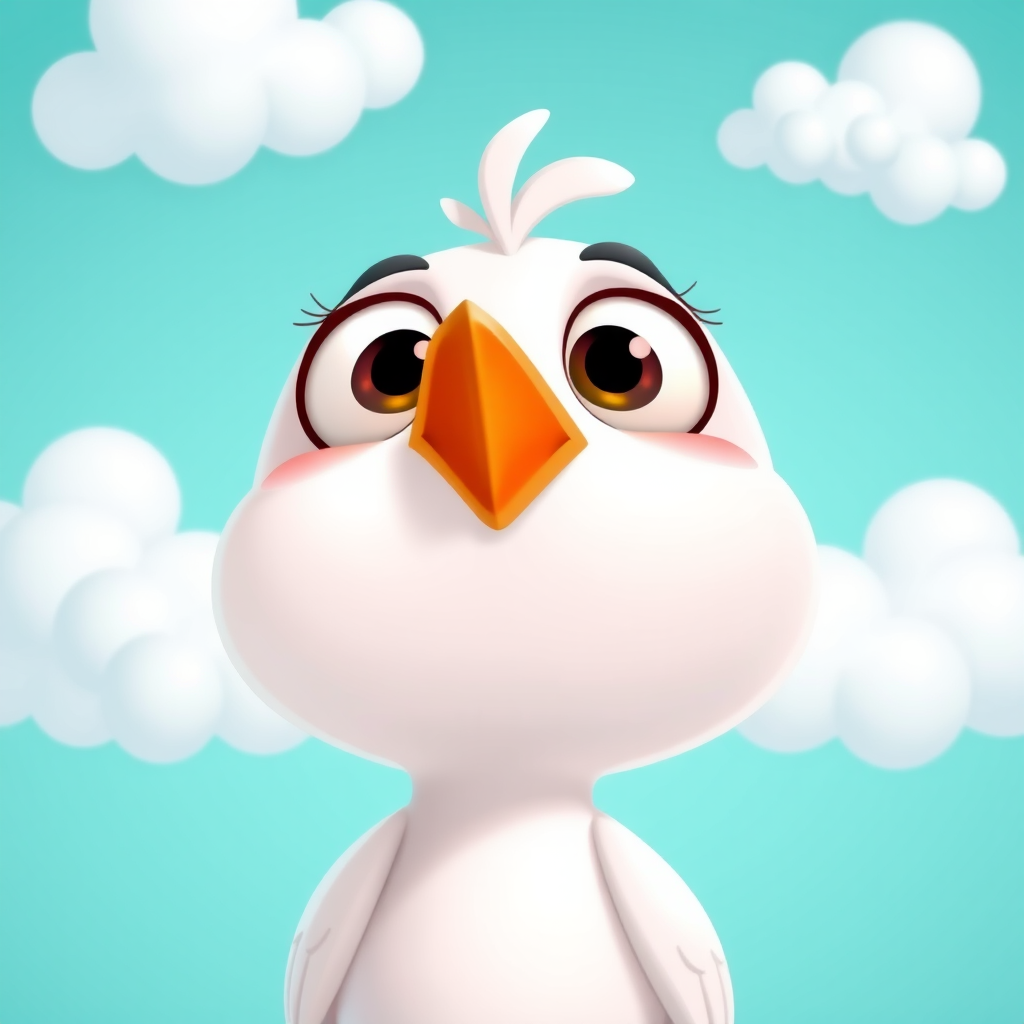 Create a vibrant cartoon-style illustration of a cute white bird with large expressive eyes and a bright orange beak, set against a turquoise background with fluffy white clouds, using a DSLR camera with a 50mm lens, aperture set to f/2.8, ISO 100, and shot from a slightly low angle to enhance depth and detail.