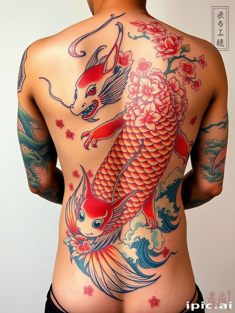 Japanese-inspired irezumi tattoo of a koi fish transforming into a dragon, flowing across the entire back, with waves and cherry blossoms in traditional colors