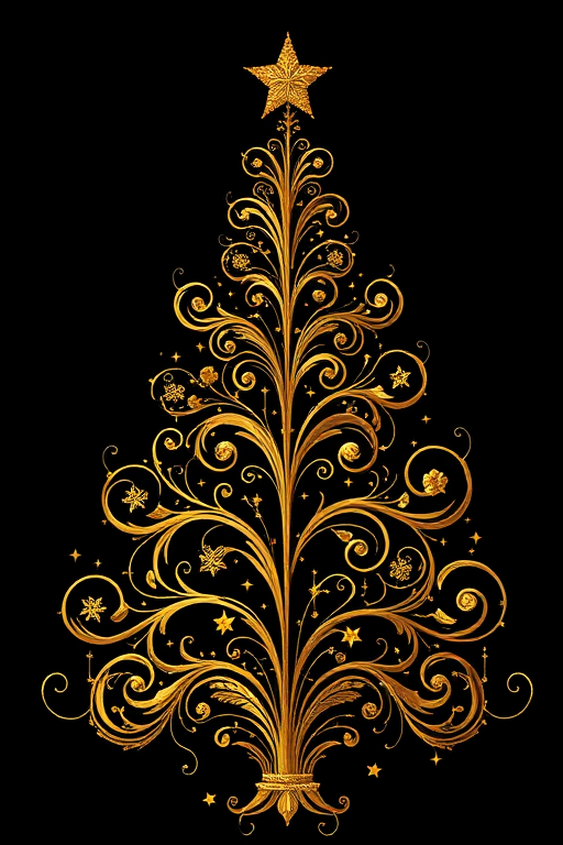 Regenerate a detailed illustration of an ornate golden Christmas tree with intricate swirls and stars on a black background, using a DSLR camera with a 50mm lens, aperture f/1.8, ISO 100, shot in macro mode for enhanced detail and clarity.