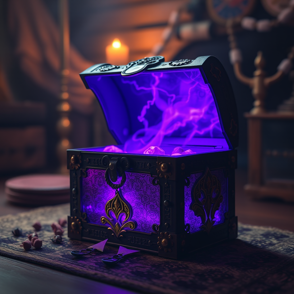 A mystical treasure chest glowing with purple lightning, intricate golden details, set in a dimly lit, cozy room with wooden accents, shooting at 50mm, f/1.8, ISO 200, with soft focus background for an ethereal effect, using a DSLR camera.