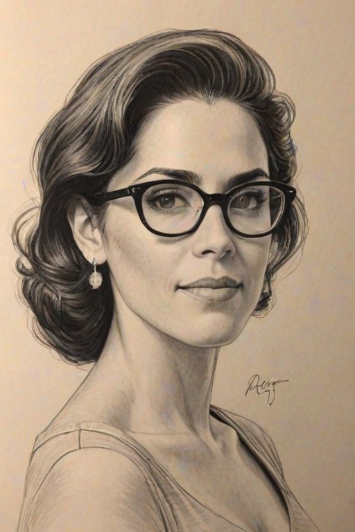 Splendid Jami Gertz, pencil sketch, portrait of Charming woman 1952s in glasses, hair style beatnik, outline, clear lines, fine lines, 8k
