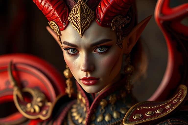 fantasy character with red and gold horns and intricate costume, serene expression, studio lighting, shallow depth of field, close-up view, Canon EOS R5, 50mm f/1.2 lens, ISO 100, f/1.2, 1/250s, vivid colors and fine details