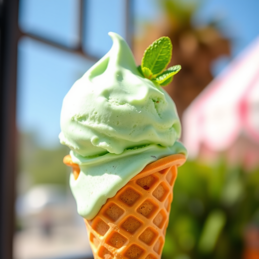 Create a bright, high-resolution illustration of a single green mint ice cream scoop on a waffle cone, using a DSLR camera with a 50mm lens, aperture f/2.8 for shallow depth of field, ISO 100, and natural lighting to enhance colors and textures.