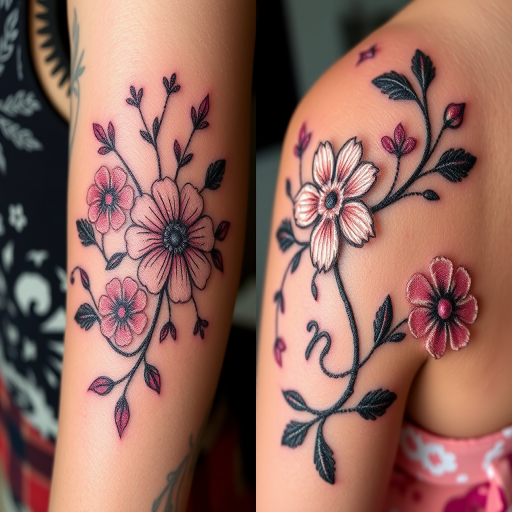 Embroidery-inspired tattoo titled "Stitched Memories" featuring delicate floral patterns and personal symbols rendered to mimic the texture and dimension of embroidered fabric, incorporating subtle color gradients and strategically placed white highlights for a 3D effect