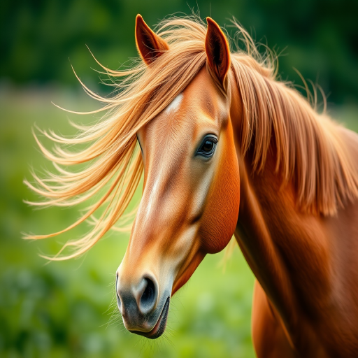 portrait of a chestnut horse with a flowing mane in a lush green background, captured with a DSLR camera, 50mm lens, aperture f/1.8, ISO 200, natural light, shallow depth of field, focused on the horse's face