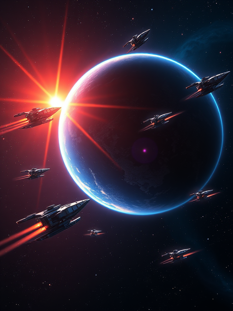 futuristic spacecrafts in orbit around a vibrant, glowing planet with a starburst effect, high detail, 4K resolution, f/11 aperture, ISO 100, 16mm lens, wide-angle shot, digital art style, soft lighting effects