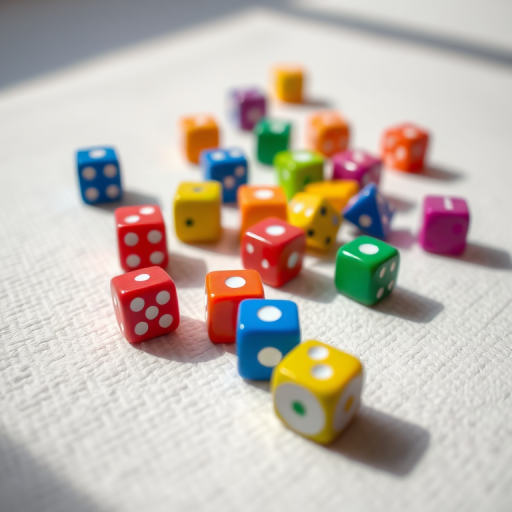 A close-up shot of colorful polyhedral dice scattered on a textured white surface, natural light, f/2.8, ISO 100, 50mm lens, shallow depth of field, DSLR camera.