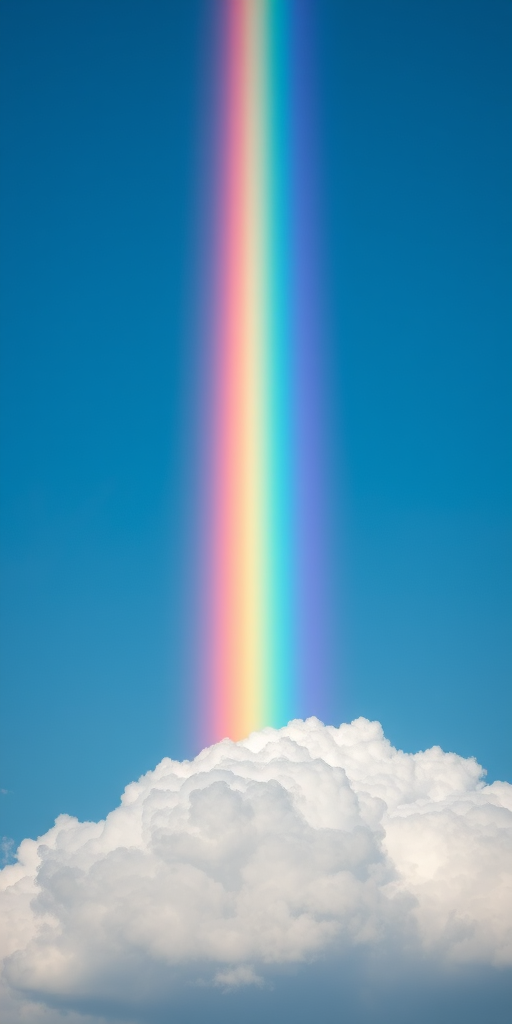 Create a vibrant digital illustration of a rainbow with six distinct colors spanning across a clear blue sky, flanked by fluffy white clouds, using a Canon EOS R5 camera with a 50mm lens at f/8 aperture, ISO 100, in a straight-on view, with high dynamic range and vivid color settings.
