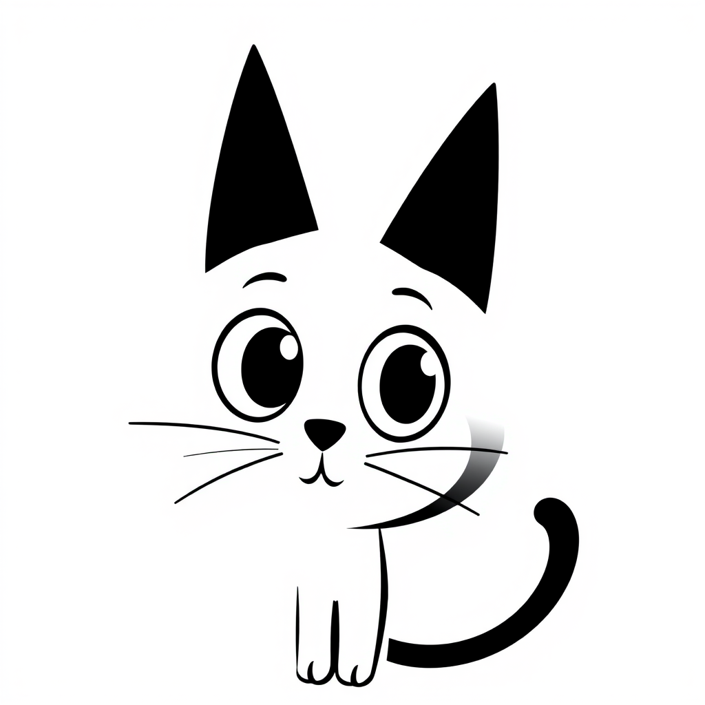 Create a black and white minimalist illustration of a cat. The cat should have large, round eyes and a simplistic, cartoonish style. Its ears should be tall and pointed, and its whiskers should be simple lines extending from its face. The background should be plain white to emphasize the cat's silhouette.