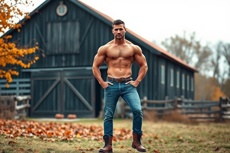 Regenerate an image of a muscular man posing outdoors in autumn, wearing jeans and boots, with a rustic barn in the background, using a DSLR camera at 50mm, f/1.8 aperture, ISO 200, natural lighting, shallow depth of field for a soft background effect.