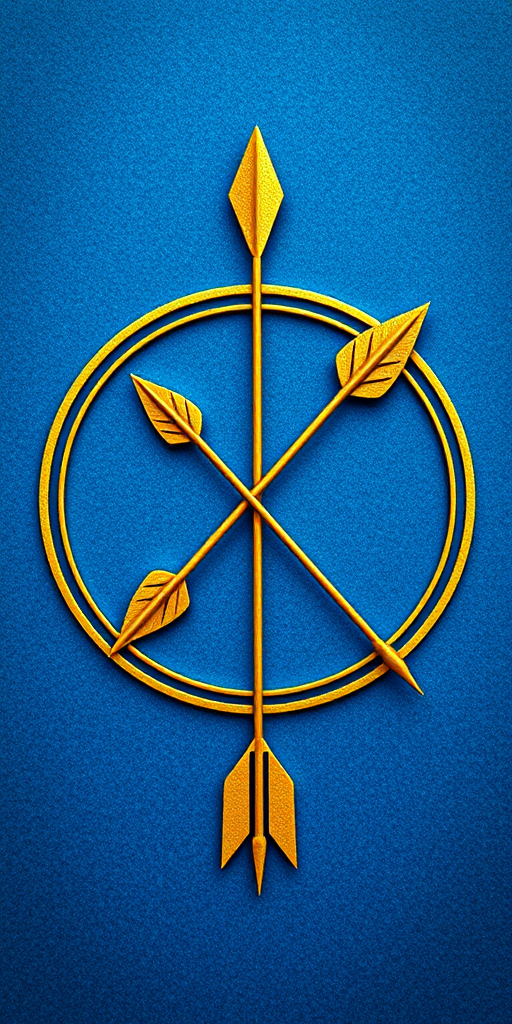 Create an illustration of the Sagittarius zodiac sign featuring a golden bow and arrow within a circular design, set against a textured blue background, shot with a Canon EOS R5 at f/8, ISO 100, 24mm, 1/250s, using a macro lens for sharp details and vibrant colors.