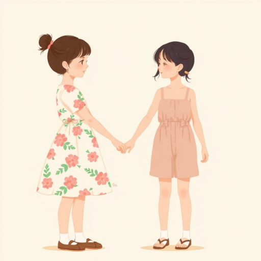 regenerate a minimalist illustration of two young girls holding hands, one in a floral dress and the other in a short romper, use a soft color palette, digital art style, shot with a Canon EOS R5, 50mm lens, aperture f/1.8, ISO 100, natural light, high-resolution, focus on facial expressions and clothing details.