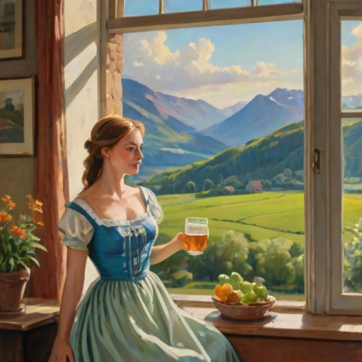 In "A Glass of Beer on the Highland," a serene scene is depicted in a sunlit room where a woman in a vibrant blue dress stands by a large window. She holds a tray with a hearty meal and a frothy glass of beer, embodying a moment of relaxation. Outside, the breathtaking highland landscape features rolling green hills and a charming traditional house, all bathed in warm afternoon light. The interior is adorned with potted plants, creating a harmonious blend of comfort and nature. The painting beautifully captures the tranquility and joy found in simple pleasures amidst stunning scenery