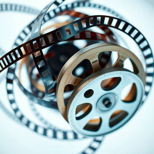 Create an abstract image featuring film reels and film strips intertwined, using a high-resolution digital camera with an aperture of f/8, ISO 100, and a shutter speed of 1/125 sec, with a focus on a macro view for intricate details.
