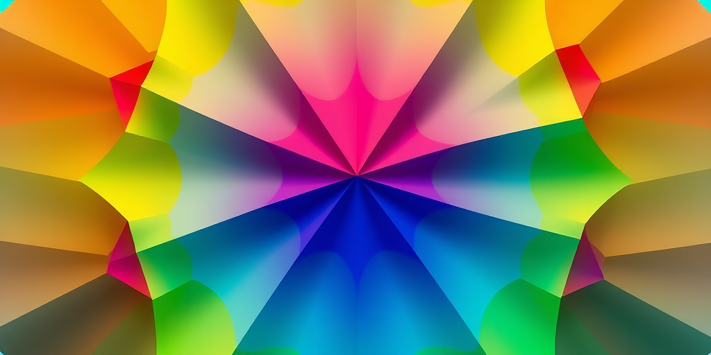 Generate a high-resolution image of an abstract geometric design with vibrant colors and smooth gradients, using a DSLR camera with a 50mm lens, aperture set at f/1.8, ISO 100, capturing from a top-down view, in natural light.