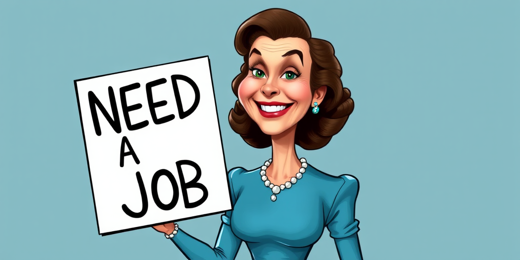 caricature of a smiling Vivien Leigh in a Cerulean dress or suit, holding up a sign that says "NEED A JOB", no watermark,