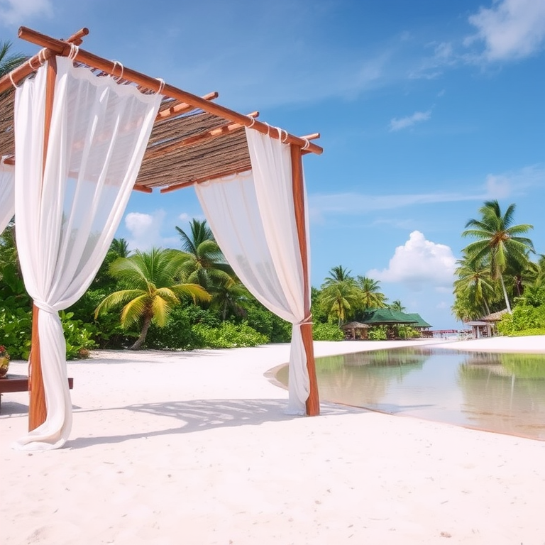 Create a picturesque tropical beach scene featuring a serene, white sandy shore. In the foreground, there's a rustic wooden canopy with white drapes gently flowing in the breeze. Underneath the canopy, a table is set with tropical decor, evoking a sense of relaxation and leisure. The beach extends into a calm, shallow water area with reflections of the sky and surroundings. Palm trees and lush greenery line the edge of the beach, providing a natural, tropical backdrop. The sky is clear with a few scattered clouds, and the overall atmosphere is tranquil and inviting, perfect for a peaceful retreat.