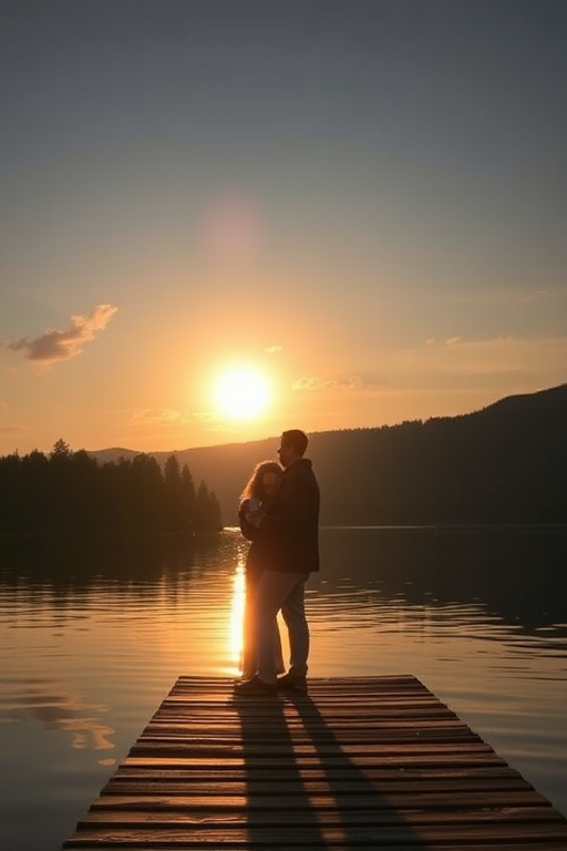 Scenic lakeside dock at sunrise, a couple enjoying coffee while watching the reflection of the sun on the water, creating a peaceful and romantic atmosphere.