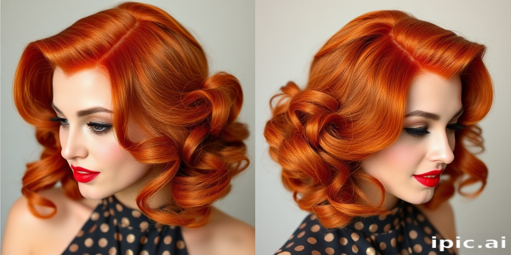 Copper penny hair color styled in voluminous vintage victory rolls, the Retro Flame style embodies classic glamour and timeless elegance with a fiery twist