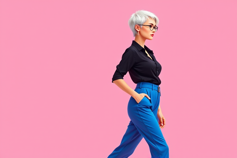 Create a vibrant illustration of a confident woman with short white hair, wearing a black shirt and high-waisted blue pants, walking gracefully against a soft pink background, using a 50mm lens at f/2.8 for a shallow depth of field, shot in natural light to enhance color vividness, using a digital camera in portrait mode.