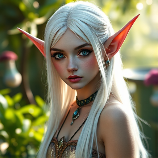 Create a high-resolution fantasy portrait of a beautiful elf girl with long white hair, large expressive eyes, pointed ears, and elegant jewelry, set in a lush garden with soft sunlight filtering through the leaves, shot with a Canon EOS R5, 85mm f/1.2 lens, aperture at f/1.8, ISO 100, and a shallow depth of field to create a dreamy bokeh effect.