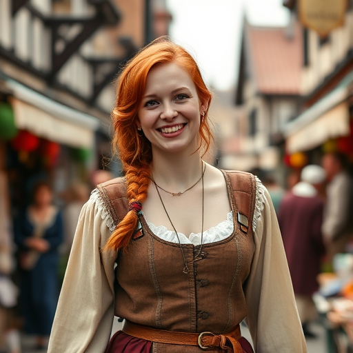 delighted woman with red hair in medieval attire walking through a bustling village market, vibrant colors, soft focus background, 50mm lens, aperture f/1.8, ISO 100, natural lighting, DSLR camera, portrait photography style