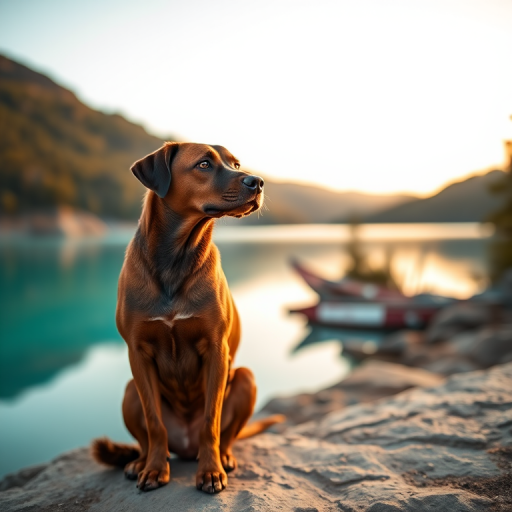 A high-quality photograph of a sitting brown brindle dog by a tranquil turquoise lake during golden hour, captured with a DSLR camera using a 50mm lens at f/2.8, ISO 100, shutter speed 1/200 sec, focus on the dog with a shallow depth of field for a blurred background.