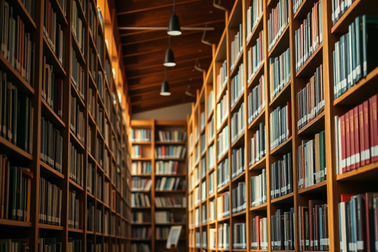Create a high-resolution image of a cozy library aisle lined with tall wooden bookshelves filled with books, shot from a low angle with a 35mm lens, f/2.8 aperture, ISO 400, natural lighting to capture soft shadows and warm tones.