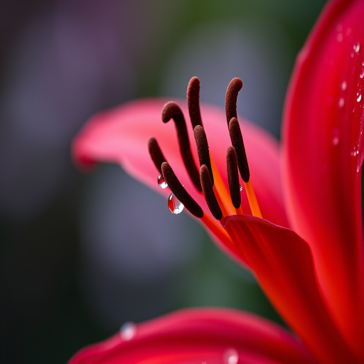 close-up of a vibrant red lily flower with dew droplets, soft bokeh background, shot with a Canon EOS R5, 85mm f/1.2 lens, aperture f/2.8, ISO 100, shutter speed 1/200 sec, natural light, macro photography style