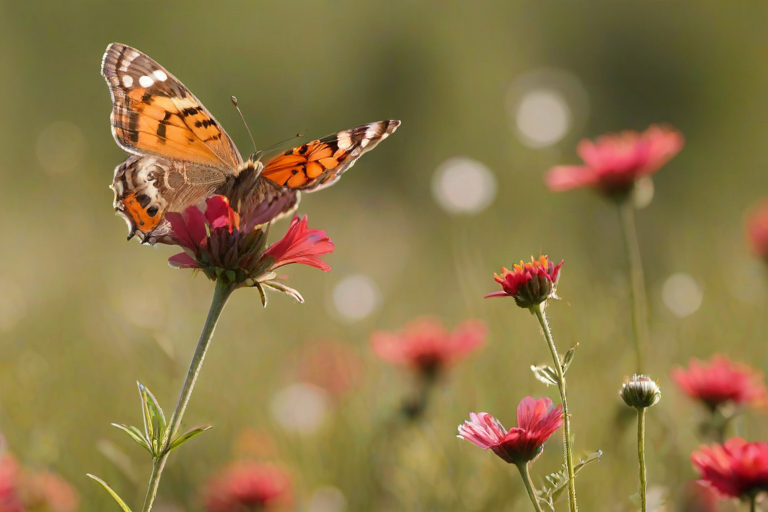 Close-up of a butterfly landing on a vibrant red flower in a sunny meadow, with delicate wings gently illuminated by soft sunlight, and distant wildflowers creating a colorful, softly blurred backdrop.