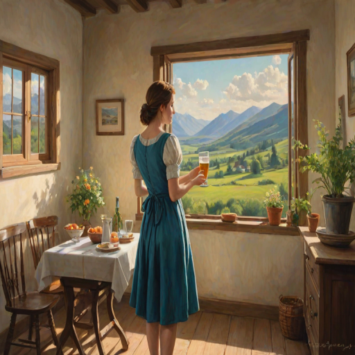 In "A Glass of Beer on the Highland," a serene scene is depicted in a sunlit room where a woman in a vibrant blue dress stands by a large window. She holds a tray with a hearty meal and a frothy glass of beer, embodying a moment of relaxation. Outside, the breathtaking highland landscape features rolling green hills and a charming traditional house, all bathed in warm afternoon light. The interior is adorned with potted plants, creating a harmonious blend of comfort and nature. The painting beautifully captures the tranquility and joy found in simple pleasures amidst stunning scenery